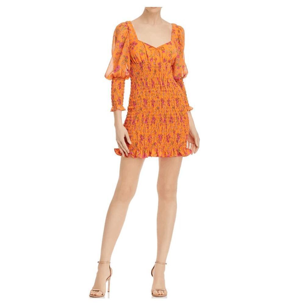 For Love & Lemons Peony Mini Dress Orange Smocked Elastic Floral Print Size XS